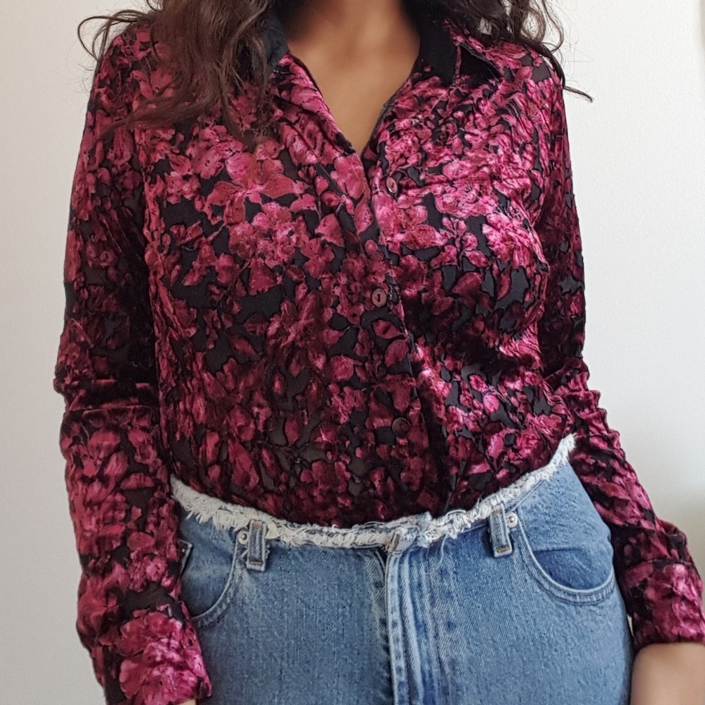 Ruby Floral Velvet Button Up